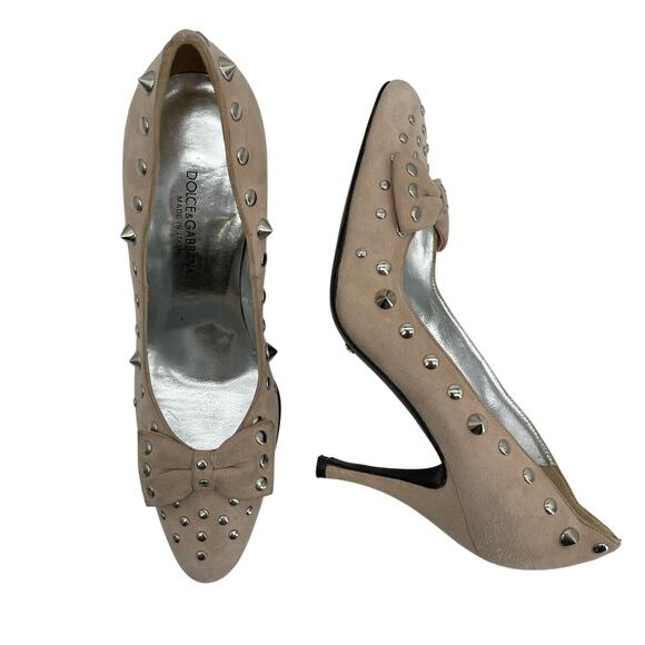 DOLCE & GABBANA Size 6.5 Suede Studded High Heels Neutral Cream Bow Slip On - Picture 1 of 9